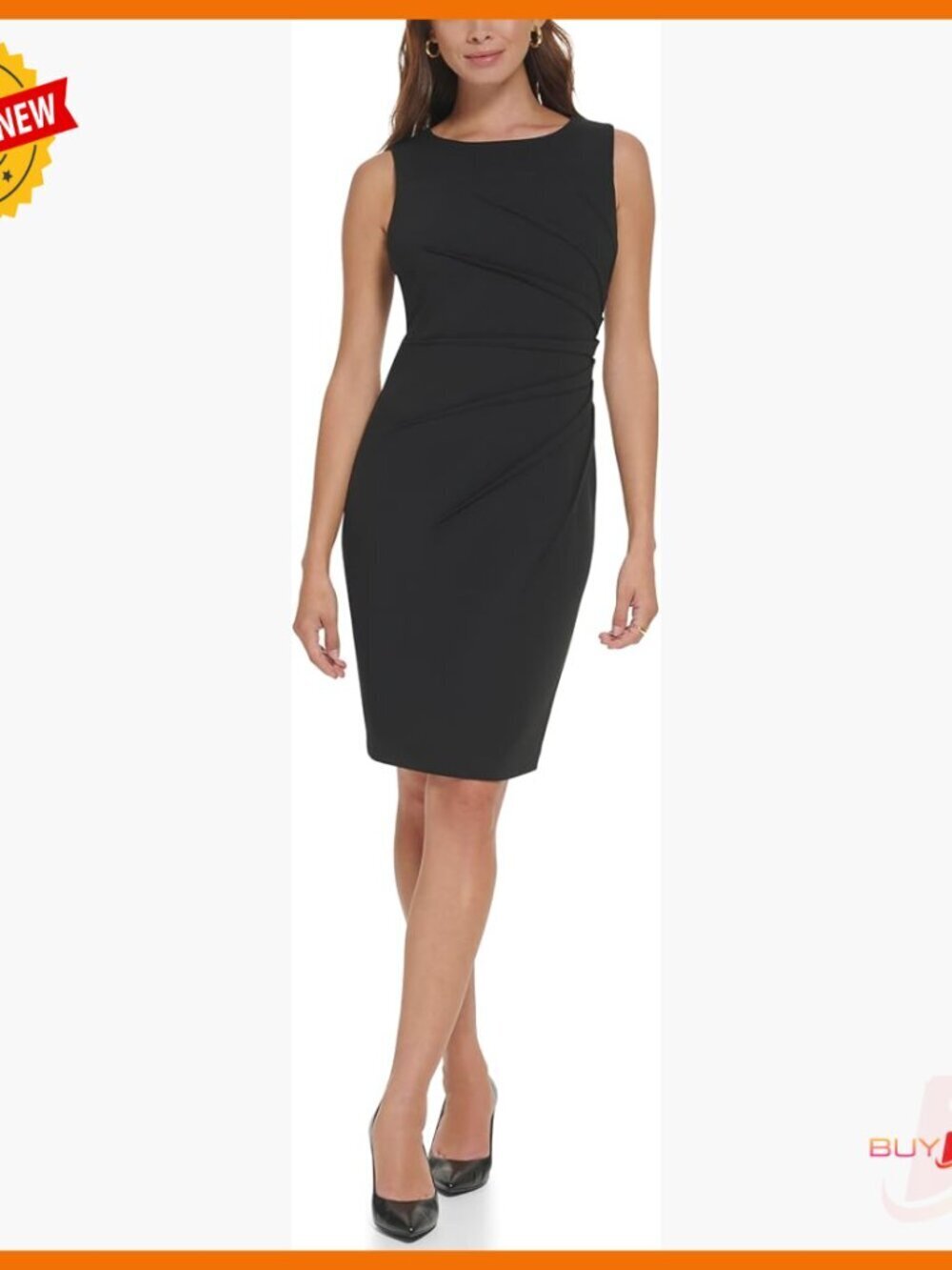 Sleeveless Ruched Sheath Dress, Starburst Detail, Crepe Fabric, Mini Length